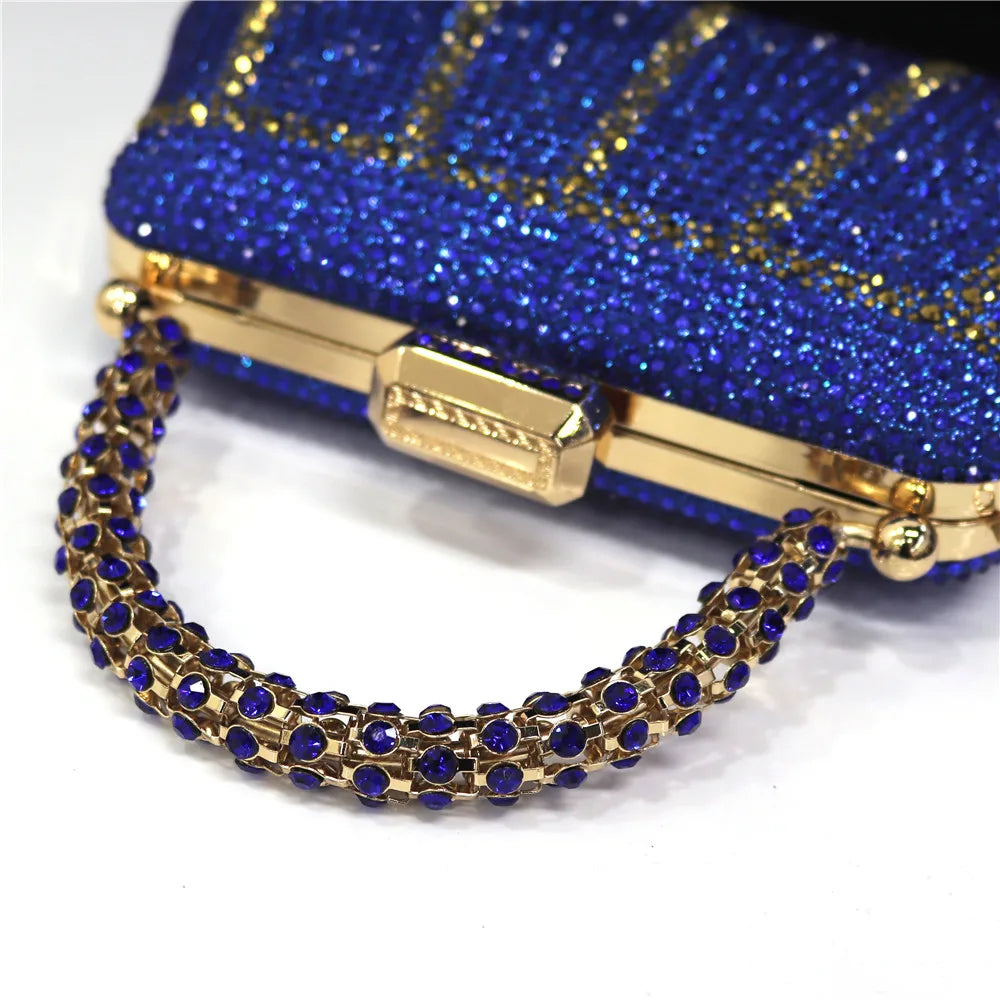 Popular In Nigeria Exquisite Evening Bags With Diamond Design Fashion Handle Clutch Rhinestone Embellished Long Chain Bag