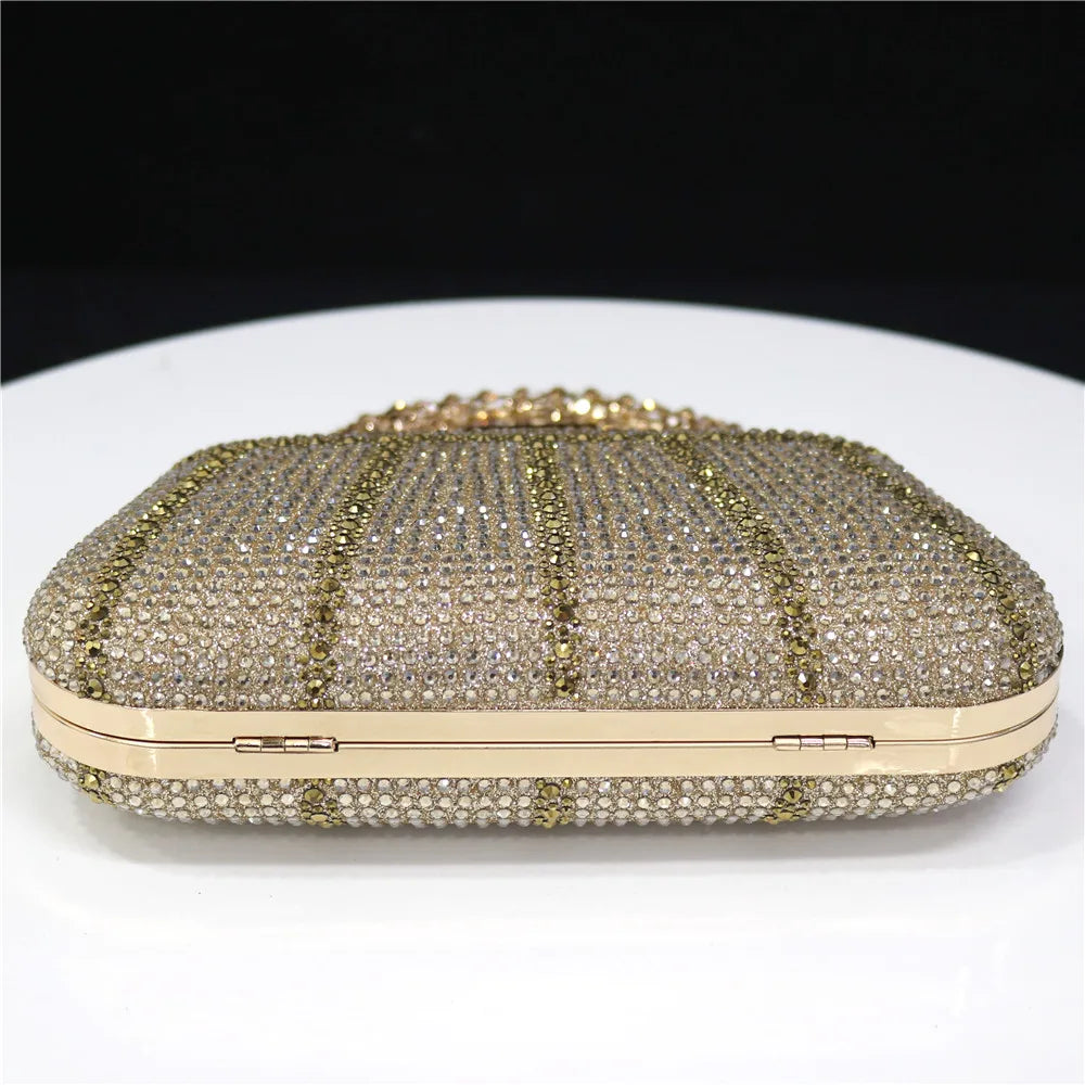 Popular In Nigeria Exquisite Evening Bags With Diamond Design Fashion Handle Clutch Rhinestone Embellished Long Chain Bag