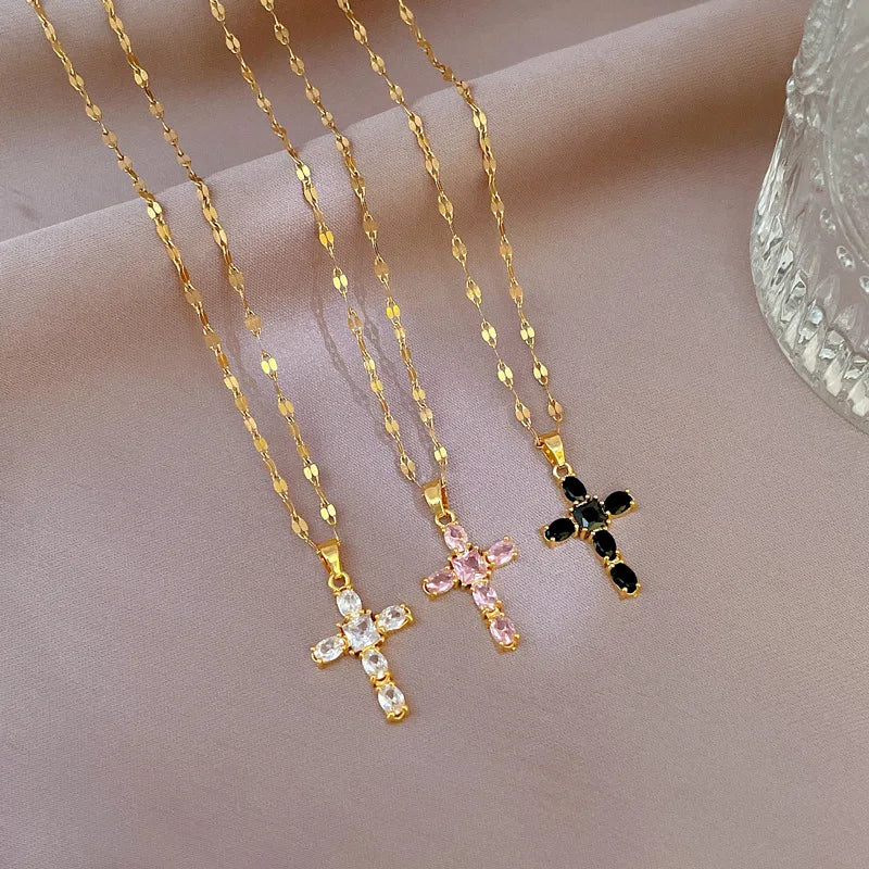 Luxury Shiny Pink Black Clear Zircon Cross