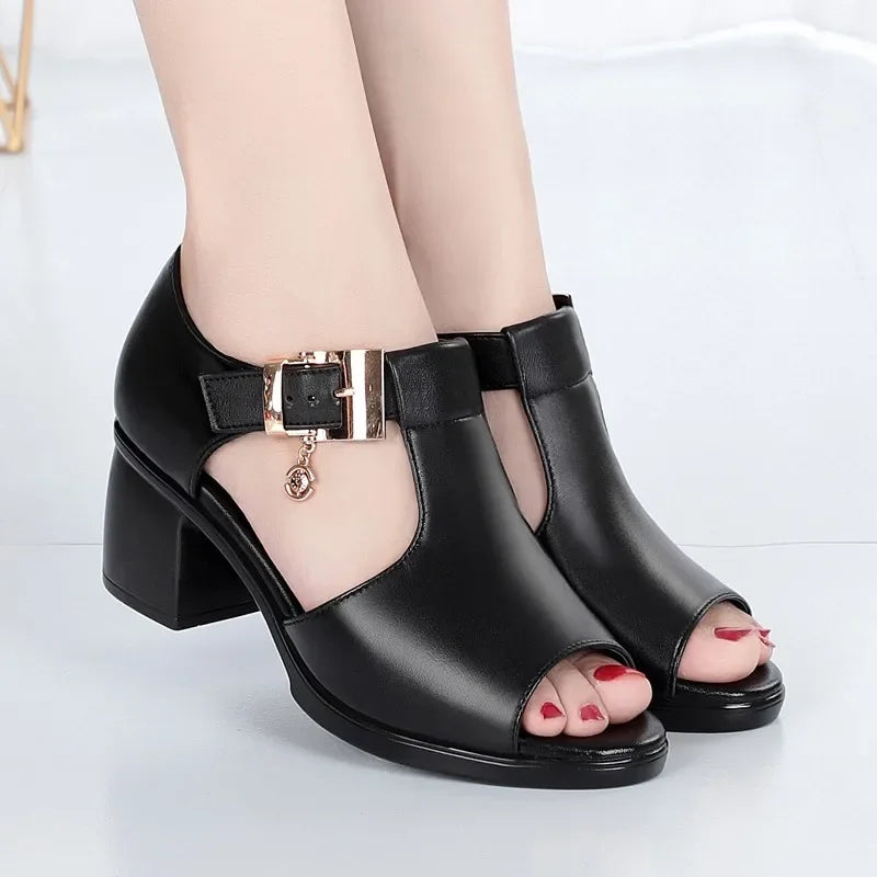 Women Fashion Fish Mouth Shoes Chunky Heel Metal Decorative Buckle Sandals Casual Shoes 2024 Sandals Summer New Women's Sandals