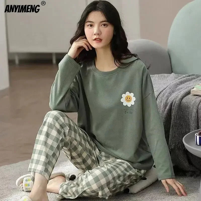 M-5XL Big Size Autumn Spring Pajamas Set