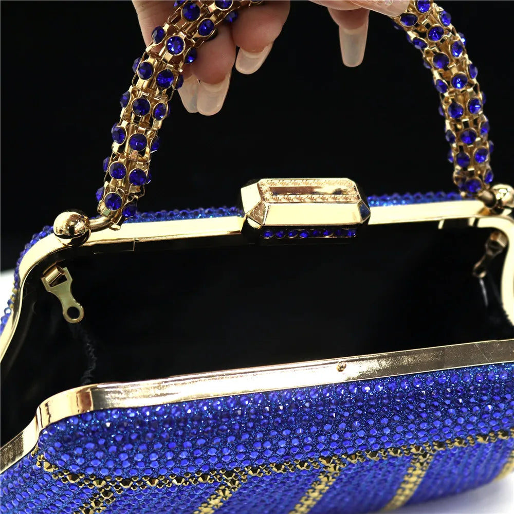 Popular In Nigeria Exquisite Evening Bags With Diamond Design Fashion Handle Clutch Rhinestone Embellished Long Chain Bag