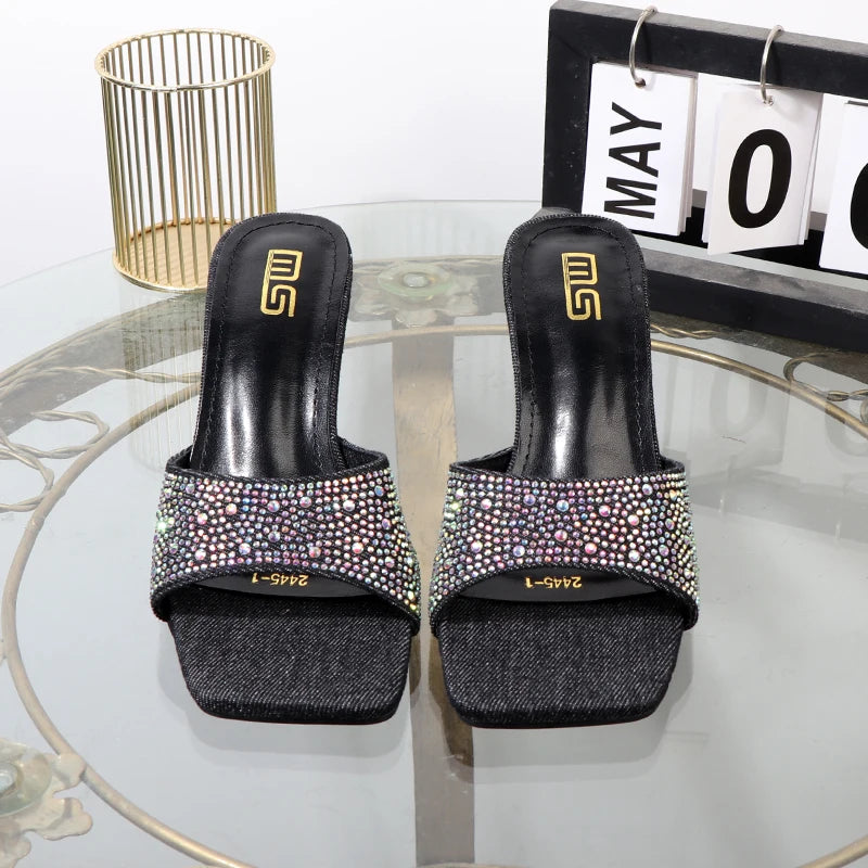 ladies slippers 2024 summer blue Denim fashion rhinestones wear outside Women's slippers luxury goods high heels 7CM