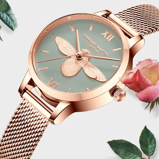 Hannah Martin 2023 New Women Luxury Watch Rose Gold 31mm Classic Casual Girl Dress Watch Bracelet Set 3D Engraved Bee Dial Clock